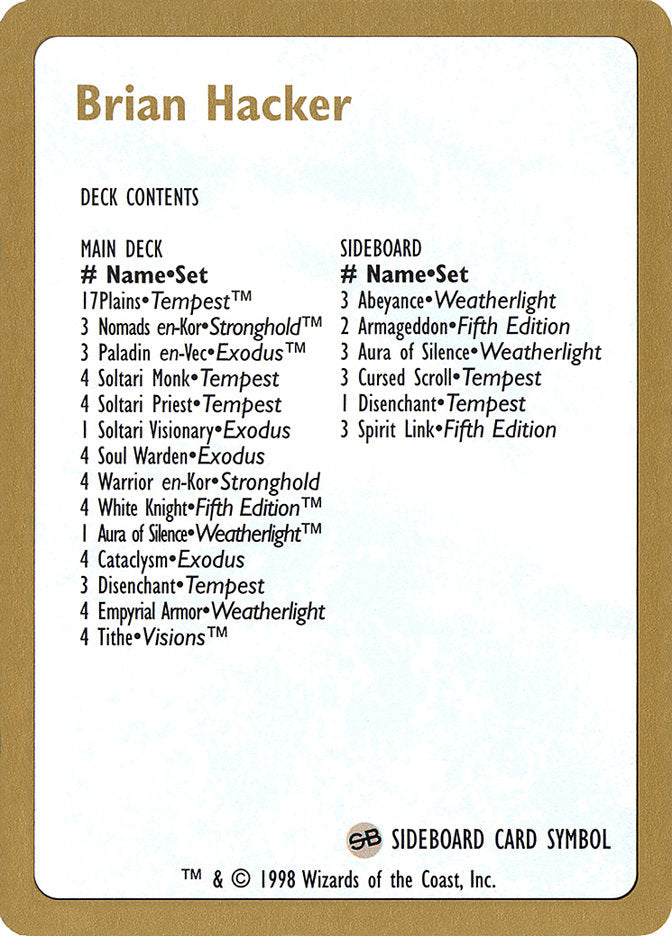 Brian Hacker Decklist [World Championship Decks 1998] | Good Games Adelaide SA