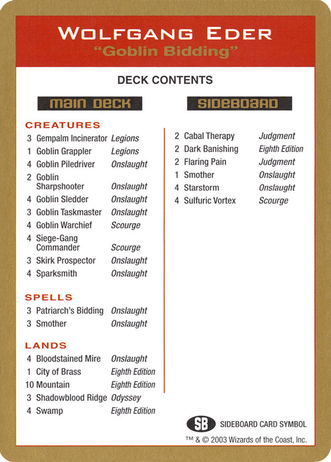 Wolfgang Eder Decklist [World Championship Decks 2003] | Good Games Adelaide SA