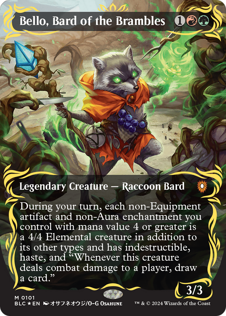 Bello, Bard of the Brambles (Borderless) (Raised Foil) [Bloomburrow Commander] | Good Games Adelaide SA