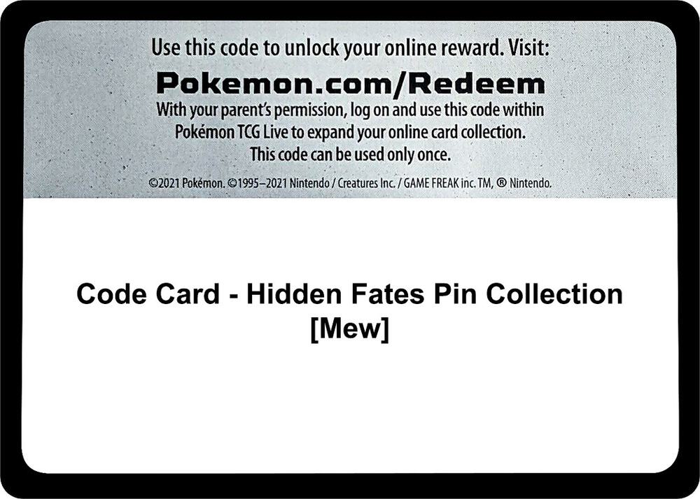 Code Card Hidden Fates Pin Collection Mew  (Hidden Fates)  | Good Games Adelaide SA