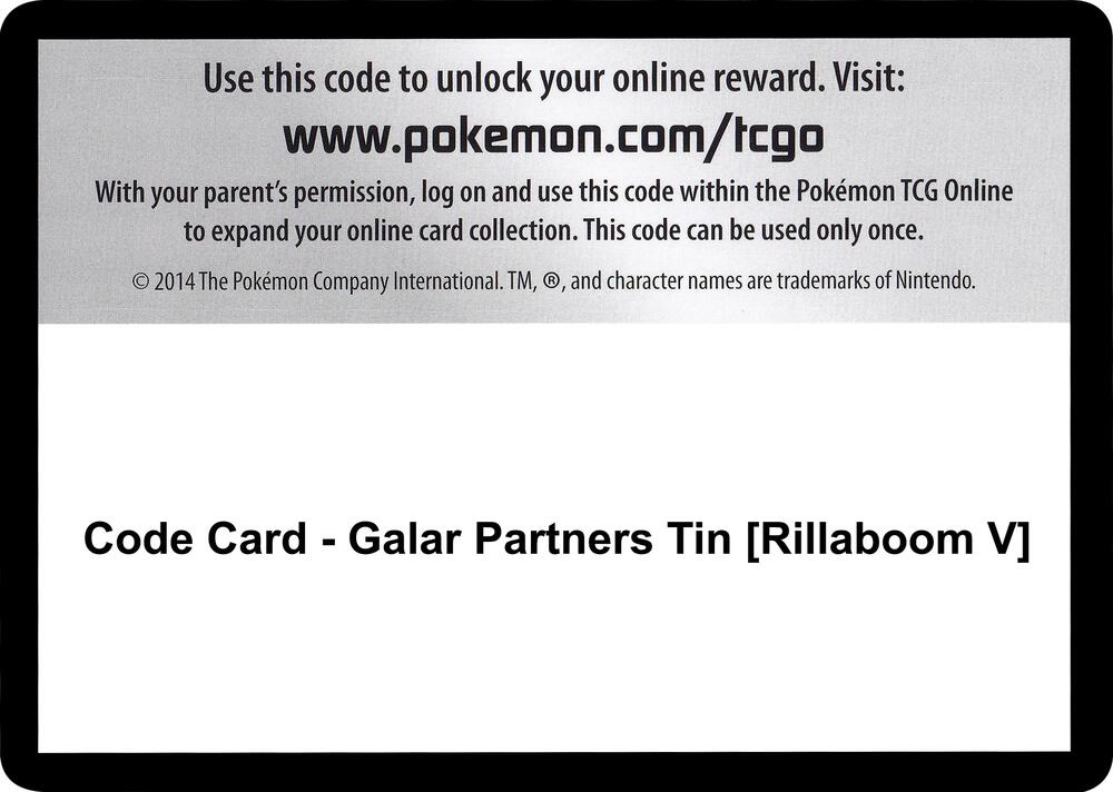 Code Card Galar Partners Tin Rillaboom V  (SWSH01: Sword & Shield Base Set)  | Good Games Adelaide SA