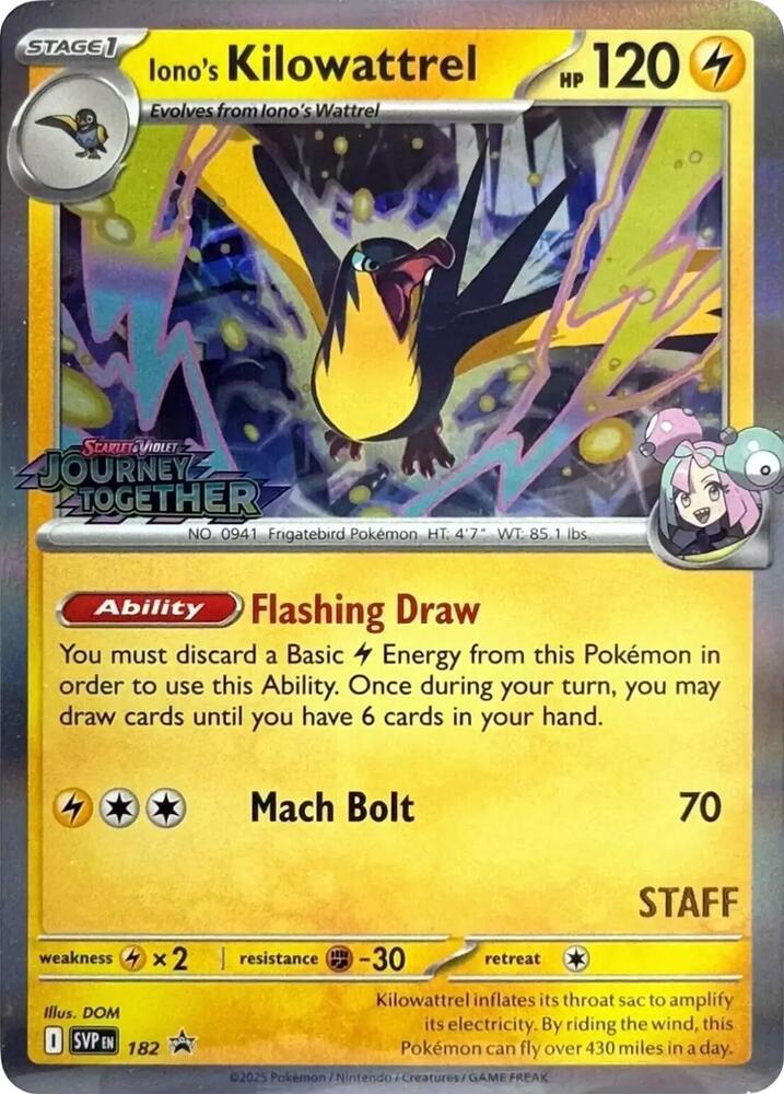 Iono's Kilowattrel Prerelease Staff 182 (SV: Scarlet & Violet Promo Cards)  - Holofoil | Good Games Adelaide SA