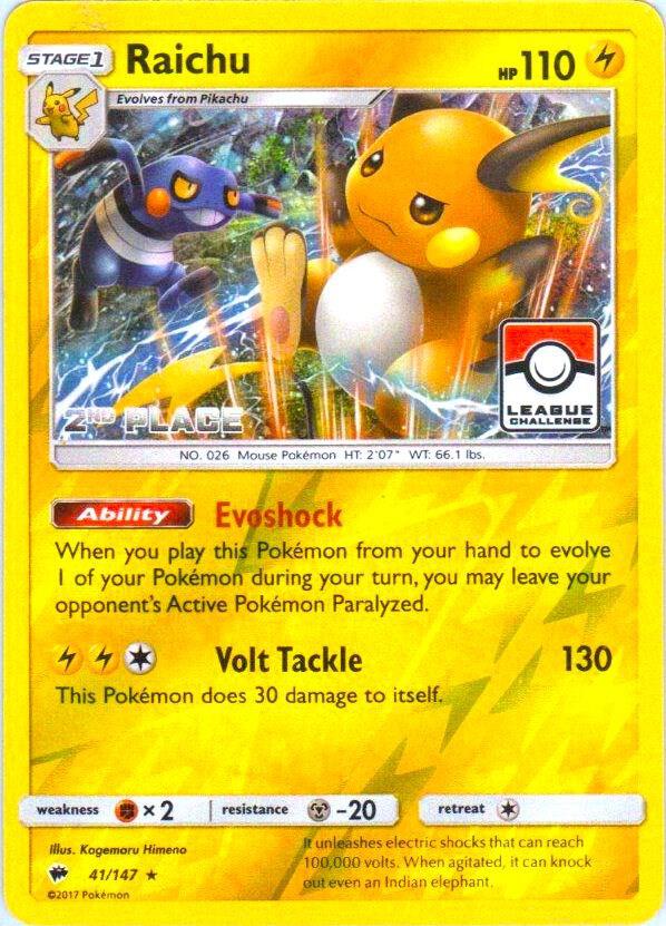 Raichu 41 147 League Challenge 2nd Place 041/147 (League & Championship Cards)  - Reverse Holofoil | Good Games Adelaide SA