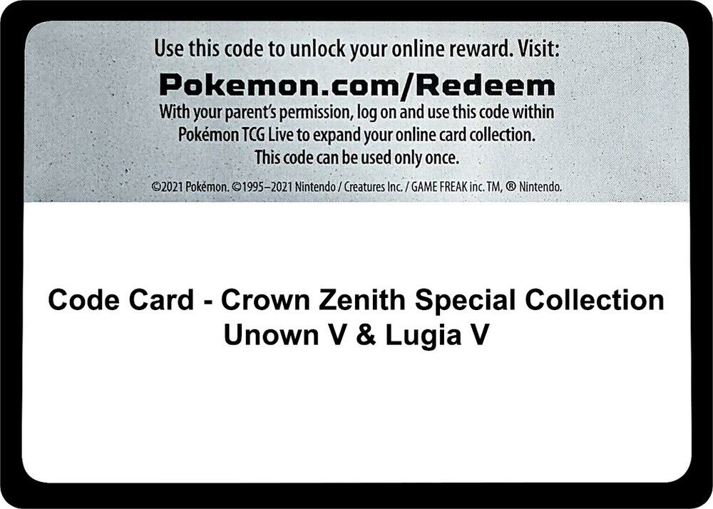 Code Card Crown Zenith Special Collection Unown V and Lugia V  (Crown Zenith)  | Good Games Adelaide SA