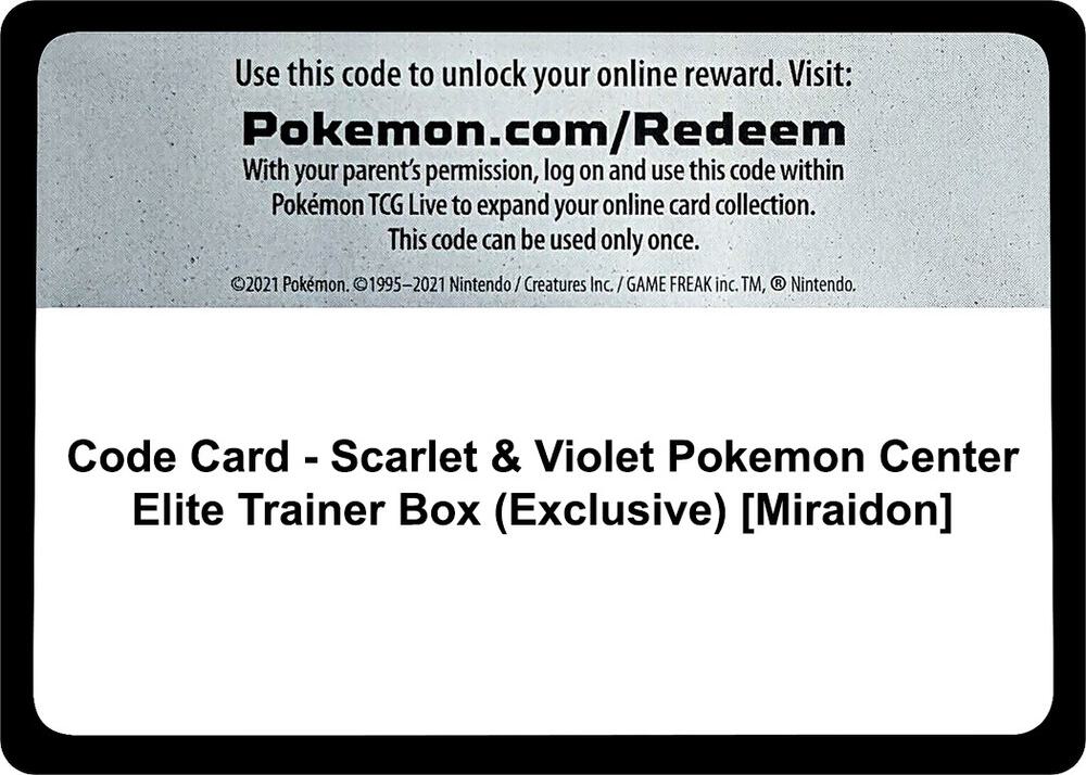 Code Card Scarlet and Violet Pokemon Center Elite Trainer Box Exclusive Miraidon  (SV01: Scarlet & Violet Base Set)  | Good Games Adelaide SA